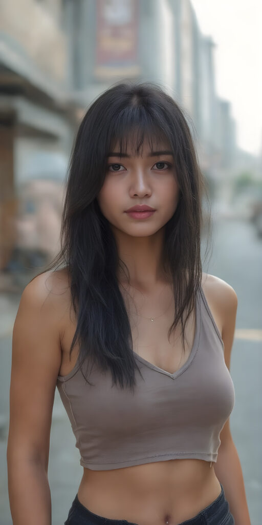 a realistic (((beautiful young well busty Asian teenage dream girl, perfect curved body))), with flowing, (((soft long straight black soft hair, bangs))). She is dressed in a sleek, (cropped tank top, deep v-neck), photograph, stands in the street