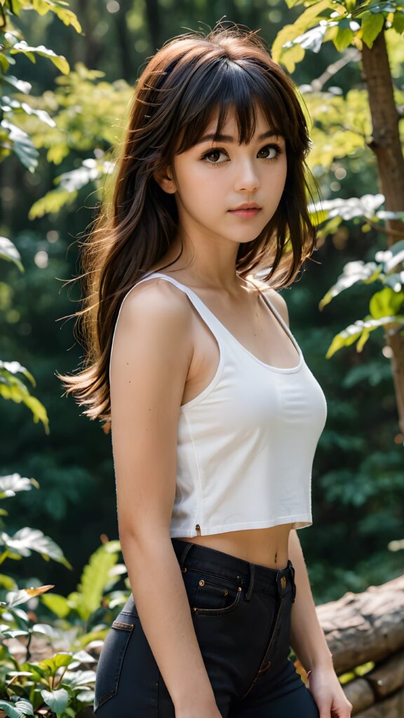 a (((realistic photograph))), capturing a (((ultra detailed dark brown long hair with cute bangs))), ((realistic brown eye)) looks sadly at the camera, (((natural spring backdrop))), ((profile view)) of a (((cute teenage model girl))), (((white crop tank top))), ((short black jeans))