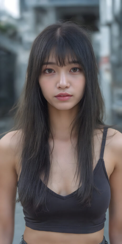 a realistic (((beautiful young well busty Asian teenage dream girl, perfect curved body))), with flowing, (((soft long straight black soft hair, bangs))). She is dressed in a sleek, (cropped tank top, deep v-neck), photograph, stands in the street