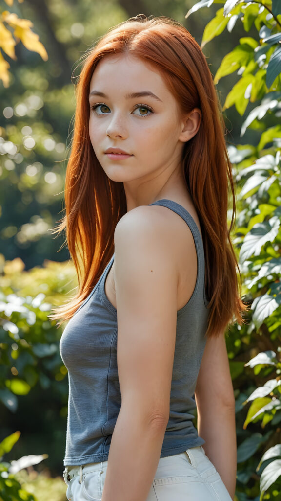 a (((realistic and detailed))) young (((beautiful teen girl with soft straight red hair))), perfect curved body, wears a tank top, engaged in a serene moment while standing through a sunny landscape full of vibrant foliage and a (softly detailed environment) ((stunning)) ((gorgeous))