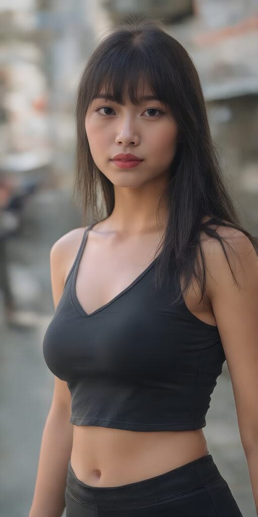 a realistic (((beautiful young well busty Asian teenage dream girl, perfect curved body))), with flowing, (((soft long straight black soft hair, bangs))). She is dressed in a sleek, (cropped tank top, deep v-neck), photograph, stands in the street