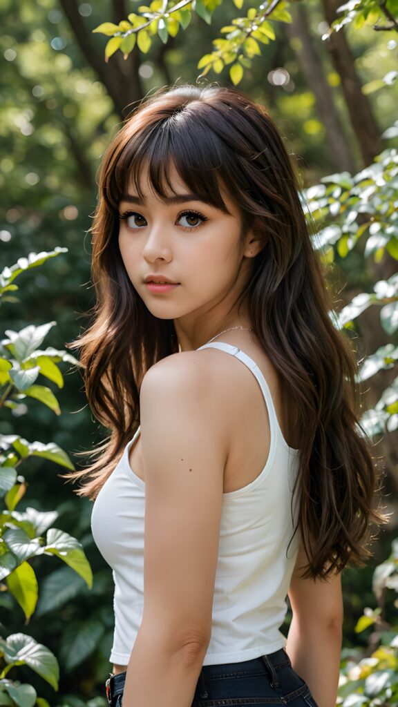 a (((realistic photograph))), capturing a (((ultra detailed dark brown long hair with cute bangs))), ((realistic brown eye)) looks sadly at the camera, (((natural spring backdrop))), ((profile view)) of a (((cute teenage model girl))), (((white crop tank top))), ((short black jeans))