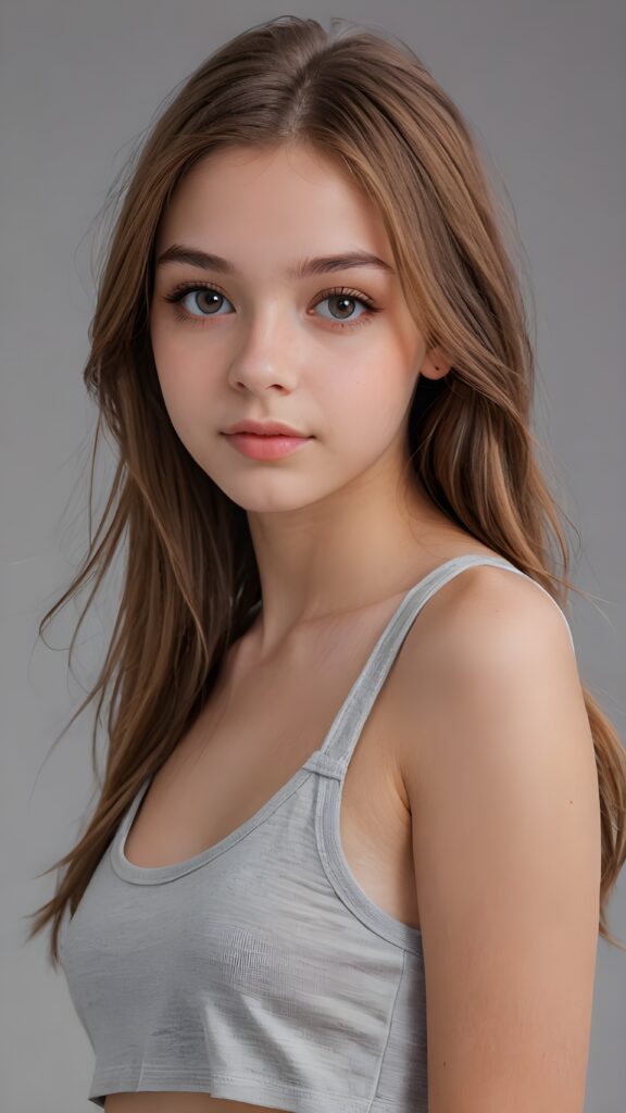 a (((realistic cute teen girl))), with straight soft long light brown hair, (full lips), and ((big amber eyes, round face)) that exude innocence, paired with a (short cropped tank top) that emphasizes her perfect body, (perfect skin), her figure is so perfectly proportioned that it defies reality, (((against a light grey backdrop))) ((upper body portrait))