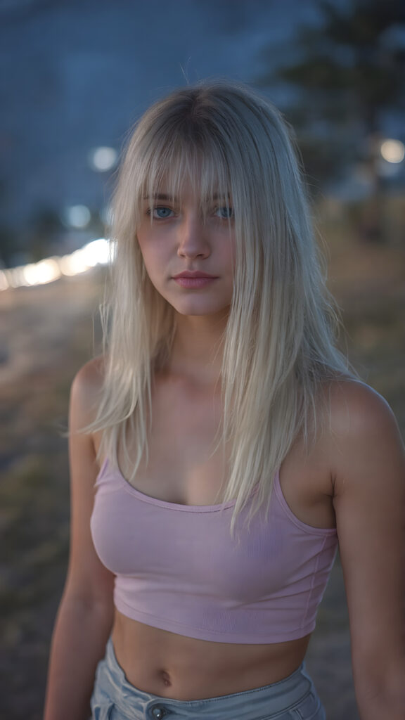 a (((realistic and detailed portrait))) of a 14-year-old silver-skinned teen girl, a perfect curves-fitting body, (((short pants))) and ((super short crop tank top)), an angelic (((round face))), (((soft long straight white hair, her hair reaches down to her waist))), and an (((nightly landscape))) as a (side view)