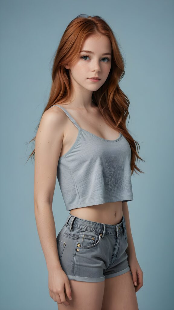 a (((realistic photo))) showcasing a (((beautiful young girl, 15 years old))), with meticulously drawn long, straight auburn red (((soft hair))), and a sleekly perfect curved and detailed figure in a (((short, grey crop top))), paired with a (short pants) ((light blue backdrop)) ((side view))