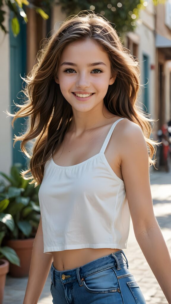 a (((realistic and detailed full-body photograph))), capturing a (16-year-old girl) with sleek, skinny jeans and a (short, cropped white top), long, flowing, wavy hair that frames her face perfectly, with a fit and toned physique that exudes health and vitality. Her expression is striking, with a warm, inviting smile that draws the viewer in