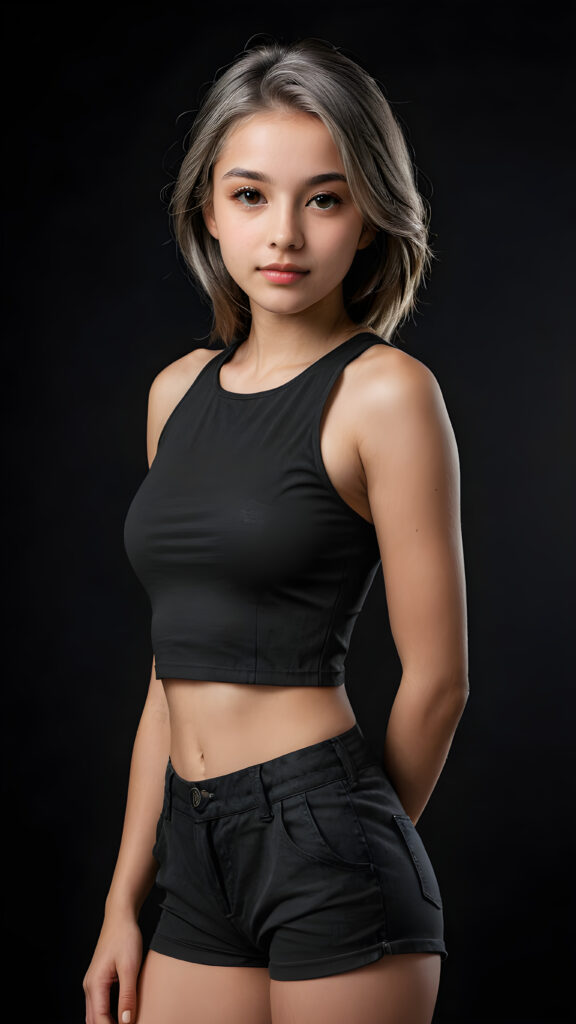 a (((realistic and detailed portrait))) of a stunning young top model teen girl, dressed in a sleek crop top that showcases her perfectly curved body with short pants and long, flowing grey hair framing an angelically round face, cast against a (((softly shadowed black backdrop))), highlighting every exquisite detail