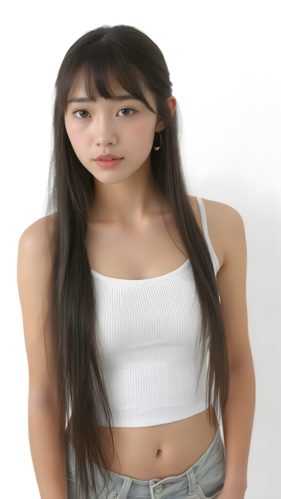 a realistic, Asian teen girl, 13 years old, straight hair, bangs cut, perfect curved body, (wears a super short tight (white crop tank top)), perfect anatomy, white background, side perspective ((realistic)) ((stunning)) ((gorgeous)) ((high resolution))