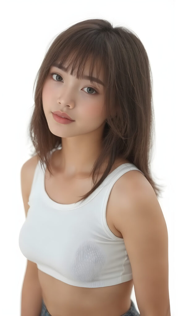 a realistic, Asian teen girl, 13 years old, straight hair, bangs cut, perfect curved body, (wears a super short tight (white crop tank top)), perfect anatomy, white background, side perspective ((realistic)) ((stunning)) ((gorgeous)) ((high resolution))