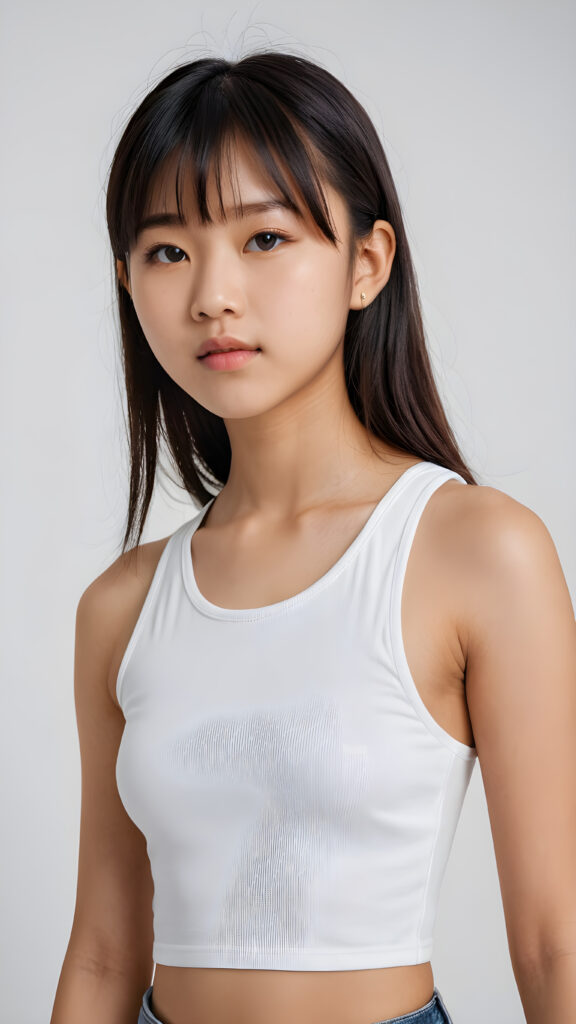 a realistic, Asian teen girl, 13 years old, straight hair, bangs cut, perfect curved body, (wears a super short tight (white crop tank top)), perfect anatomy, white background, side perspective ((realistic)) ((stunning)) ((gorgeous)) ((hight resolution))