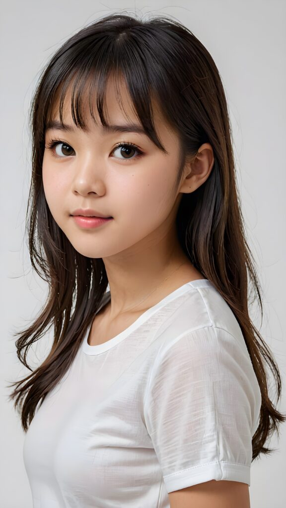 a realistic, Asian teen girl, 13 years old, straight hair, bangs cut, portrait side shot, perfect curved body, (wears a super short tight (white shirt)), perfect anatomy, white background, side perspective