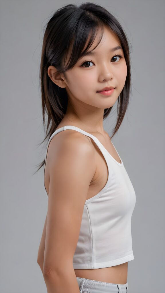 a realistic, Asian teen girl, 13 years old, long straight soft jet hair, bangs cut, perfect curved body, (wears a super short tight (white crop tank top)), perfect anatomy, grey background, side perspective ((realistic)) ((stunning)) ((gorgeous)) ((hight resolution)), upper body 1:3