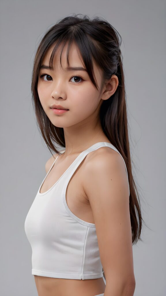 a realistic, Asian teen girl, 13 years old, long straight soft jet hair, bangs cut, perfect curved body, (wears a super short tight (white crop tank top)), perfect anatomy, grey background, side perspective ((realistic)) ((stunning)) ((gorgeous)) ((hight resolution)), upper body 1:3