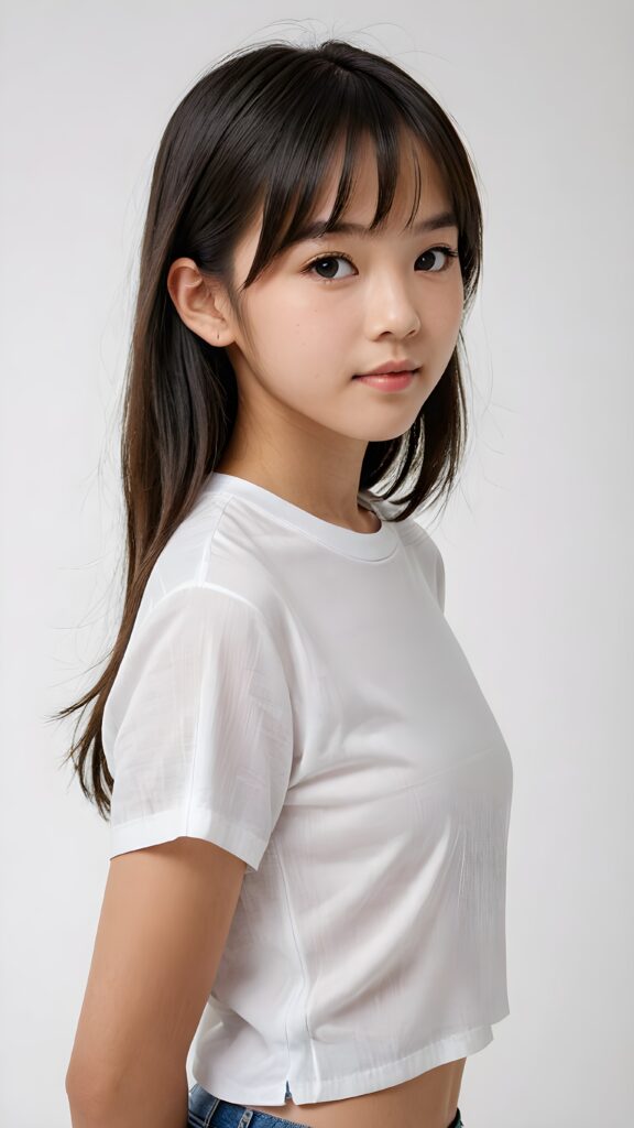 a realistic, Asian teen girl, 13 years old, straight hair, bangs cut, portrait side shot, perfect curved body, (wears a super short tight (white shirt)), perfect anatomy, white background, side perspective