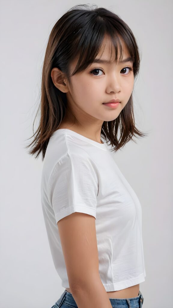 a realistic, Asian teen girl, 13 years old, straight hair, bangs cut, portrait side shot, perfect curved body, (wears a super short tight (white crop t-shirt)), perfect anatomy, white background, side perspective