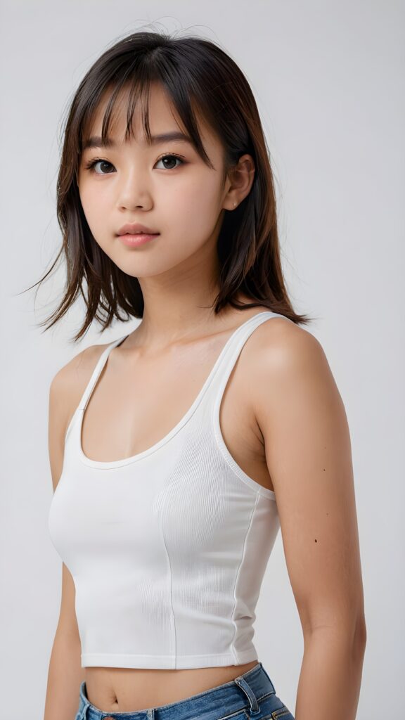 a realistic, Asian teen girl, 13 years old, straight hair, bangs cut, portrait side shot, perfect curved body, (wears a super short tight (white crop tank top)), perfect anatomy, white background, side perspective