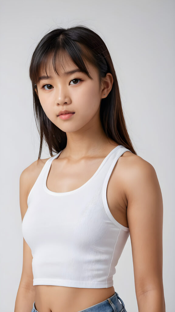 a realistic, Asian teen girl, 13 years old, straight hair, bangs cut, perfect curved body, (wears a super short tight (white crop tank top)), perfect anatomy, white background, side perspective ((realistic)) ((stunning)) ((gorgeous)) ((hight resolution))