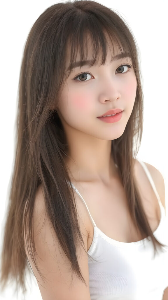 a realistic, Asian teen girl, 13 years old, straight hair, bangs cut, perfect curved body, (wears a super short tight (white crop tank top)), perfect anatomy, white background, side perspective ((realistic)) ((stunning)) ((gorgeous)) ((high resolution))