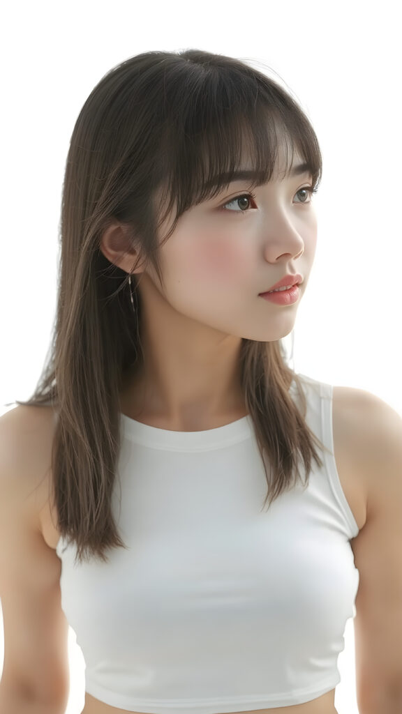 a realistic, Asian teen girl, 13 years old, straight hair, bangs cut, perfect curved body, (wears a super short tight (white crop tank top)), perfect anatomy, white background, side perspective ((realistic)) ((stunning)) ((gorgeous)) ((high resolution))