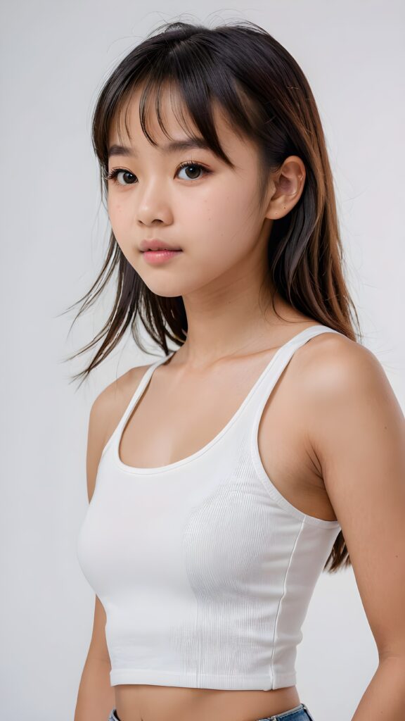 a realistic, Asian teen girl, 13 years old, straight hair, bangs cut, portrait side shot, perfect curved body, (wears a super short tight (white crop tank top)), perfect anatomy, white background, side perspective