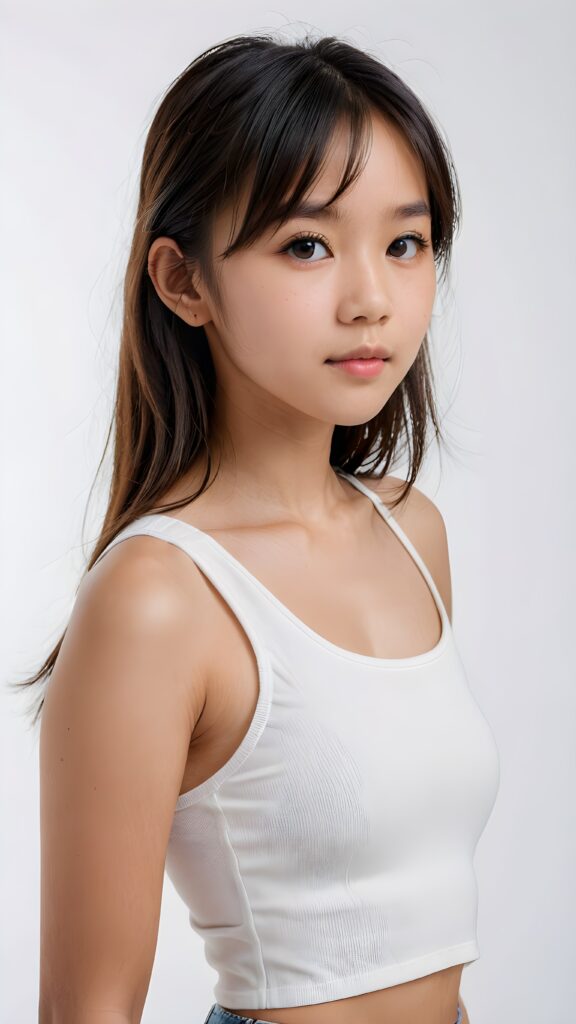 a realistic, Asian teen girl, 13 years old, straight hair, bangs cut, portrait side shot, perfect curved body, (wears a super short tight (white crop tank top)), perfect anatomy, white background, side perspective