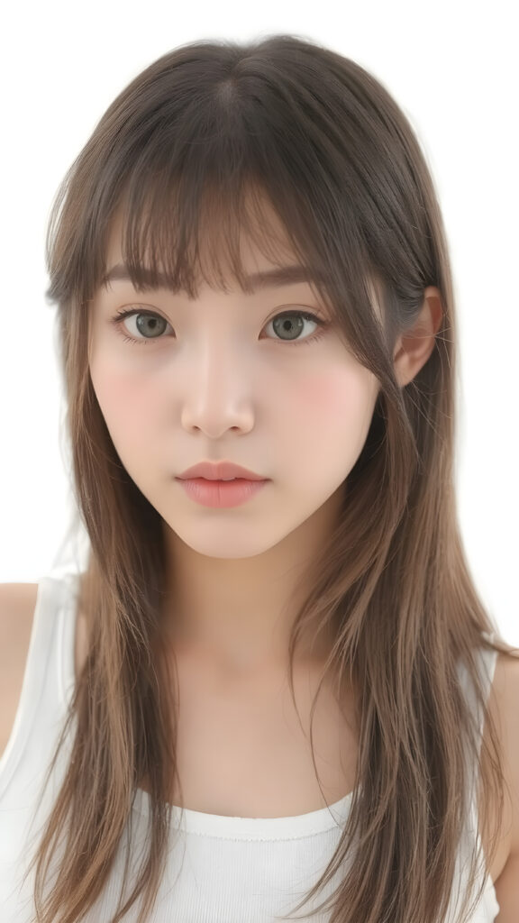 a realistic, Asian teen girl, 13 years old, straight hair, bangs cut, perfect curved body, (wears a super short tight (white crop tank top)), perfect anatomy, white background, side perspective ((realistic)) ((stunning)) ((gorgeous)) ((high resolution))