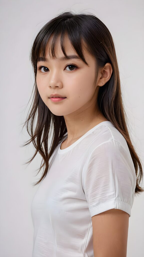 a realistic, Asian teen girl, 13 years old, straight hair, bangs cut, portrait side shot, perfect curved body, (wears a super short tight (white crop t-shirt)), perfect anatomy, white background, side perspective