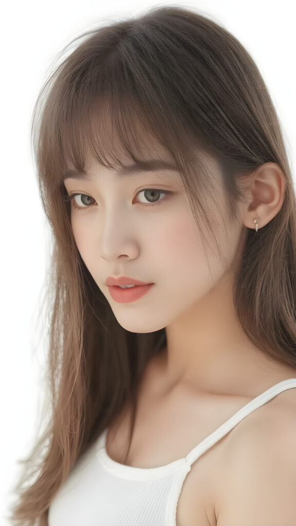 a realistic, Asian teen girl, 13 years old, straight hair, bangs cut, perfect curved body, (wears a super short tight (white crop tank top)), perfect anatomy, white background, side perspective ((realistic)) ((stunning)) ((gorgeous)) ((high resolution))