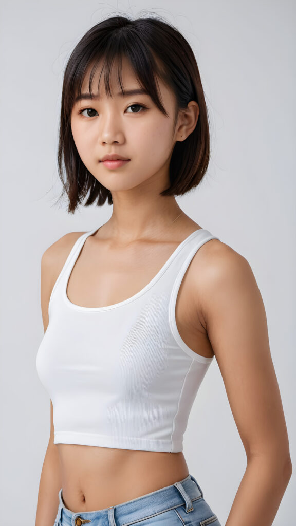 a realistic, Asian teen girl, 13 years old, straight hair, bangs cut, perfect curved body, (wears a super short tight (white crop tank top)), perfect anatomy, white background, side perspective ((realistic)) ((stunning)) ((gorgeous)) ((hight resolution))