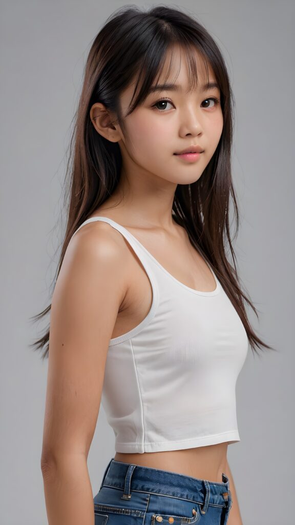 a realistic, Asian teen girl, 13 years old, long straight soft jet hair, bangs cut, perfect curved body, (wears a super short tight (white crop tank top)), perfect anatomy, grey background, side perspective ((realistic)) ((stunning)) ((gorgeous)) ((hight resolution)), upper body 1:3