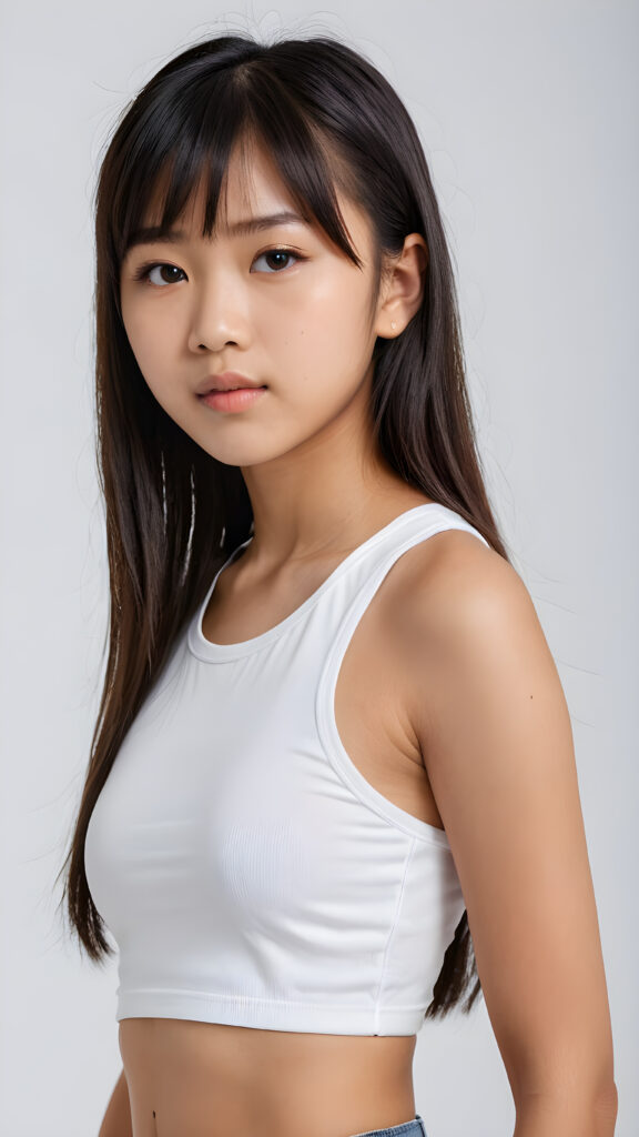 a realistic, Asian teen girl, 13 years old, straight hair, bangs cut, perfect curved body, (wears a super short tight (white crop tank top)), perfect anatomy, white background, side perspective ((realistic)) ((stunning)) ((gorgeous)) ((hight resolution))