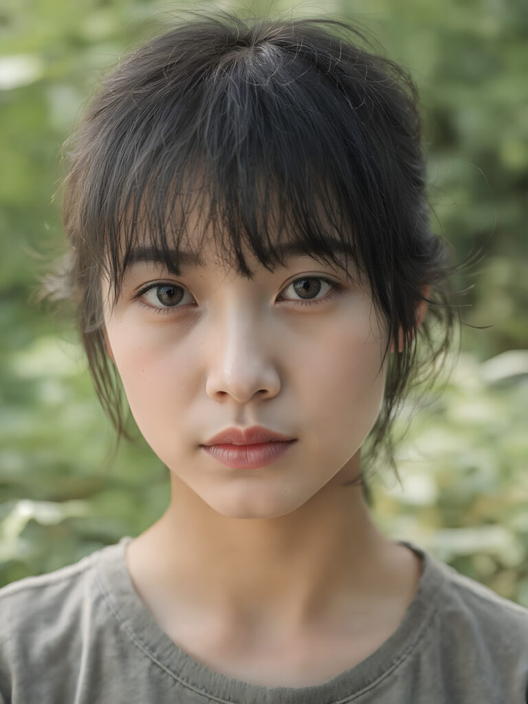 a (((realistic old close up photo))), representing a (((beautiful young Vietnamese girl, long soft obsidian black hair, bangs cut))), round face, with an (((ultra realistic, intricate details))) that defy the laws of physics, with a (((dynamic advanced lighting system))) that brings out the extreme details, composited against a (((natural, sunny green backdrop))), emulating a hyper-realistic, advanced photography