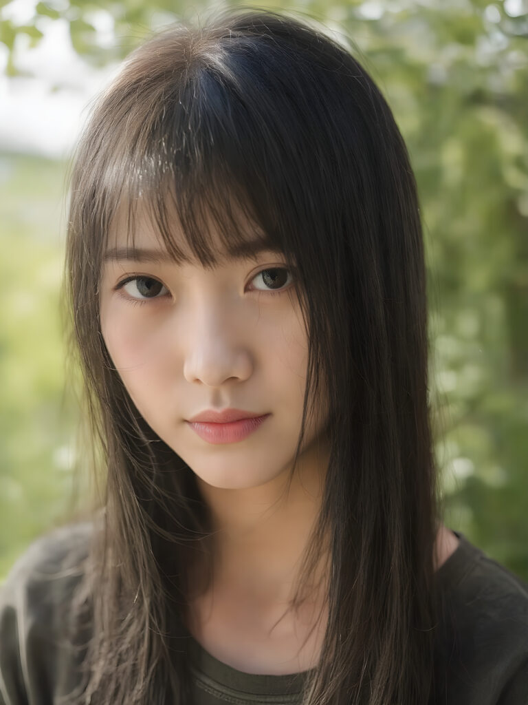 a (((realistic old close up photo))), representing a (((beautiful young Vietnamese girl, long soft obsidian black hair, bangs cut))), round face, with an (((ultra realistic, intricate details))) that defy the laws of physics, with a (((dynamic advanced lighting system))) that brings out the extreme details, composited against a (((natural, sunny green backdrop))), emulating a hyper-realistic, advanced photography