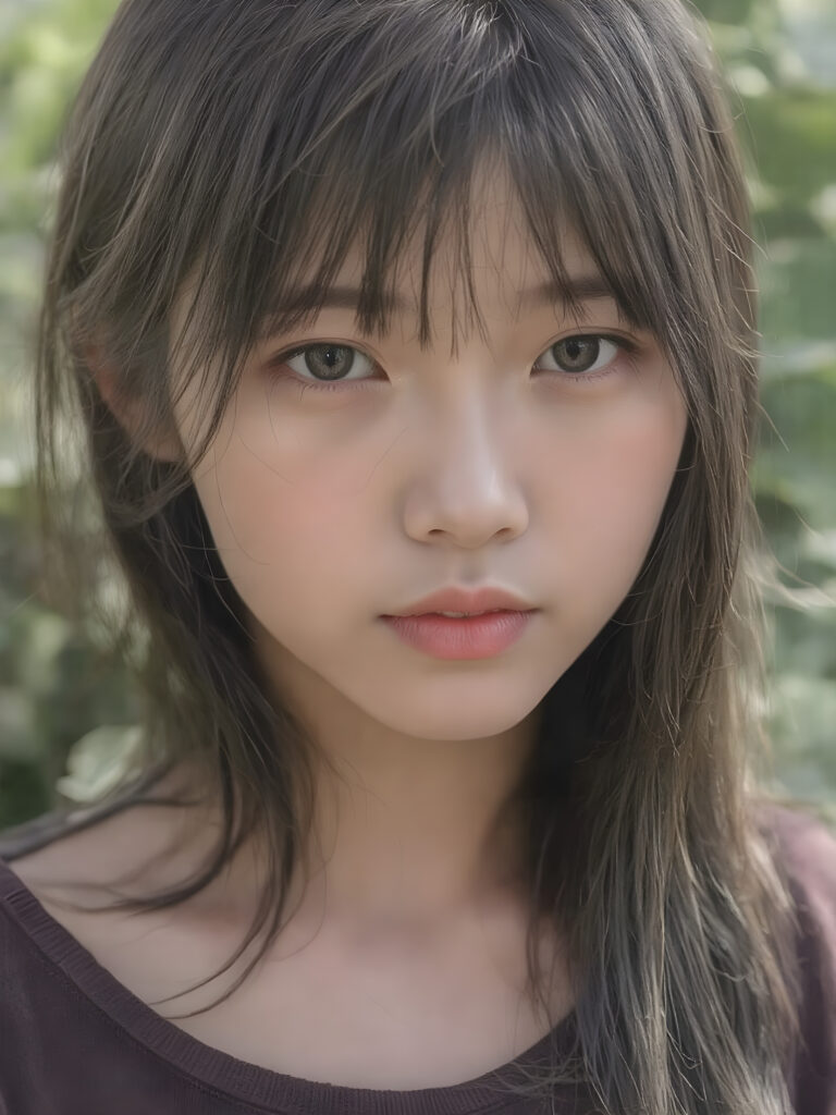 a (((realistic old close up photo))), representing a (((beautiful young Vietnamese girl, long soft obsidian black hair, bangs cut))), round face, with an (((ultra realistic, intricate details))) that defy the laws of physics, with a (((dynamic advanced lighting system))) that brings out the extreme details, composited against a (((natural, sunny green backdrop))), emulating a hyper-realistic, advanced photography