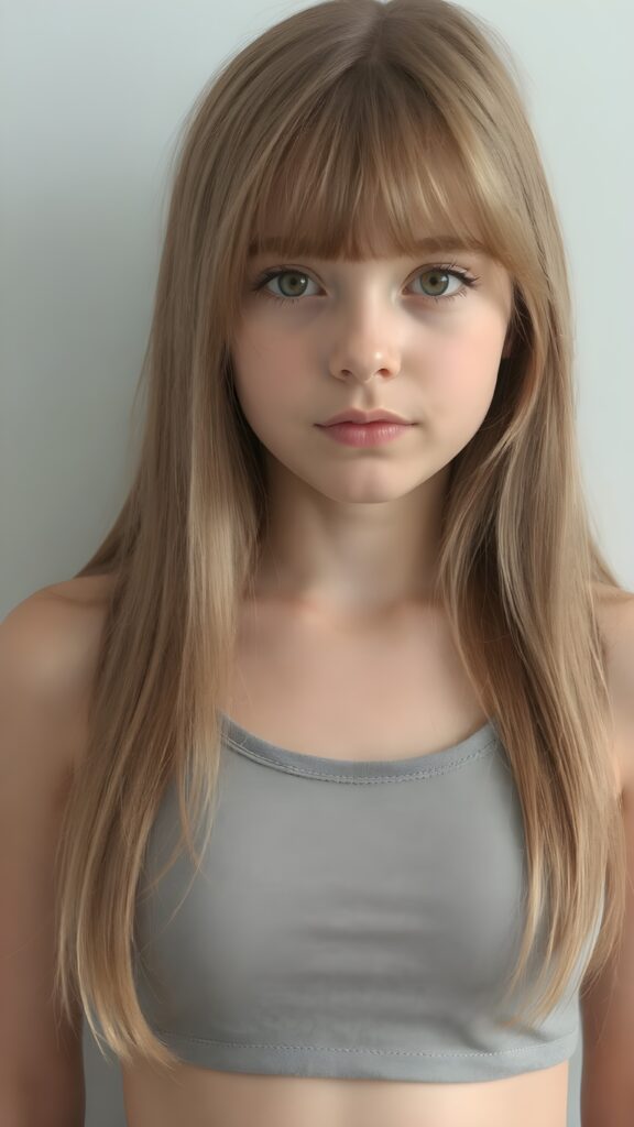 a (((realistic cute teen girl))), with straight soft long light brown hair, (full lips), and ((big amber eyes, round face)) that exude innocence, paired with a (short cropped tank top) that emphasizes her perfect body, (perfect skin), her figure is so perfectly proportioned that it defies reality, (((against a light grey backdrop))) ((upper body portrait))