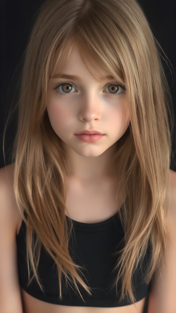 a (((perfectly proportioned, super cute teen girl))), with straight soft very long dark brown hair, (full lips), and (((big eyes))) that exude innocence, paired with a (short cropped tank top) that emphasizes her (perfect skin) and (flawlessly matching eyes). Her figure is so perfectly proportioned that it defies reality, with a (distinctive six-pack on her abs) that perfectly complements her overall aesthetic, (((against a black backdrop))) ((upper body portrait))