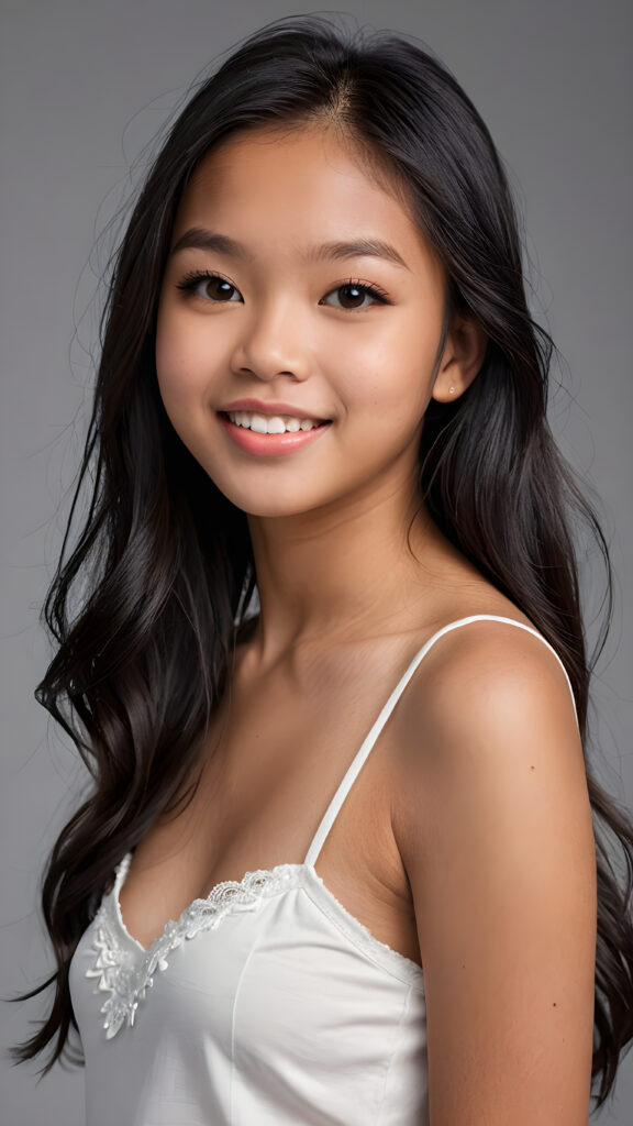 a realistic and detailed photo from a (((gorgeous stunning cute little perfectly curved Filipino teenage girlie, 13 years old))), looks seductive, slightly open mouth, full lips, white teeth, with (((light obsidian-black very long soft jet hair))), featuring (((light amber eyes))), and a (((small flawless round face))), wears a white thin short cropped spaghetti tank top, ((grey background)) ((full-body)) ((side view))