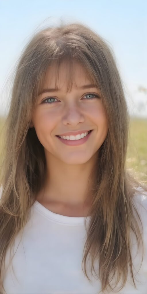 a realistic and detailed upper body portrait of a (((stunning))), ((gorgeous)), a young adult girl with straight soft long (((dark brown chocolate copper hair))), her hair falls gently over her upper body, it is the same length on both sides and ((vividly captivating (hazel eyes) that draw you in. She stands in a (sunlit meadow) under a clear blue sky, wearing a (soft, sheer cropped (white t-shirt). The overall atmosphere should convey a sense of innocent beauty and (softness), she smiles, open mouth, white teeth