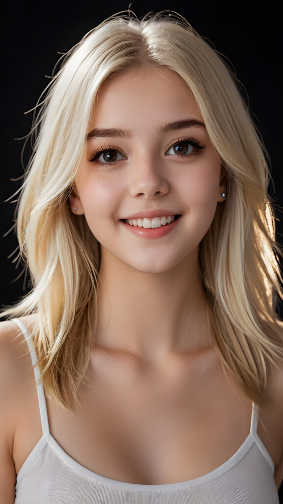 a realistic and detailed picture of my young daughter, 17 years old, short crop top, ((angelic round face, dark eyes)), ((soft long straight jet platinum-blonde hair)), full lips, in a (((carefree, happy expression))), surrounded by an air of exuberance and vivacity against a ((black backdrop)) ((perfect light and shadows))