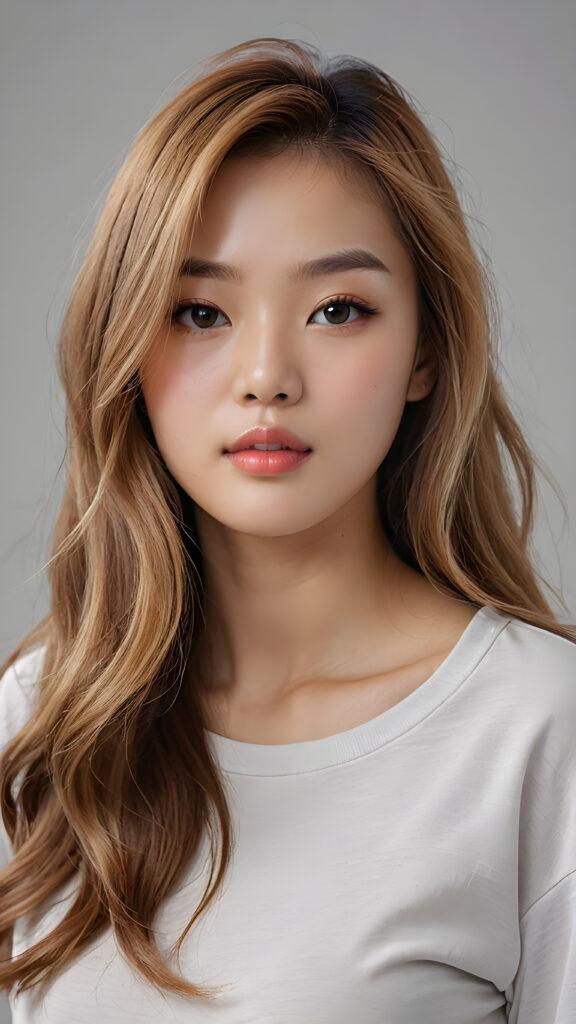 a realistic and detailed photo from a (((gorgeous stunning cute young perfectly curved Korean teen model girl))), with (((light brown-blonde very long soft jet hair))), featuring (((full lips))), and a (((small flawless round face))), wears a white thin short cropped t-shirt, ((grey background))