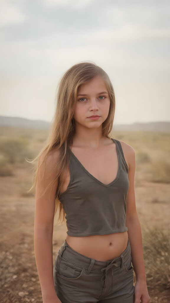 a realistic and detailed portrait of young teen girl, 14 years old, in a plunge neck ((short crop tank top in (camouflage color))), perfect curved fit body, ((tattered short pants)), ((angelic round face)), ((red soft long straight hair)) ((desert landscape in backdrop)), ((side view)), ((stunning)), ((gorgeous))