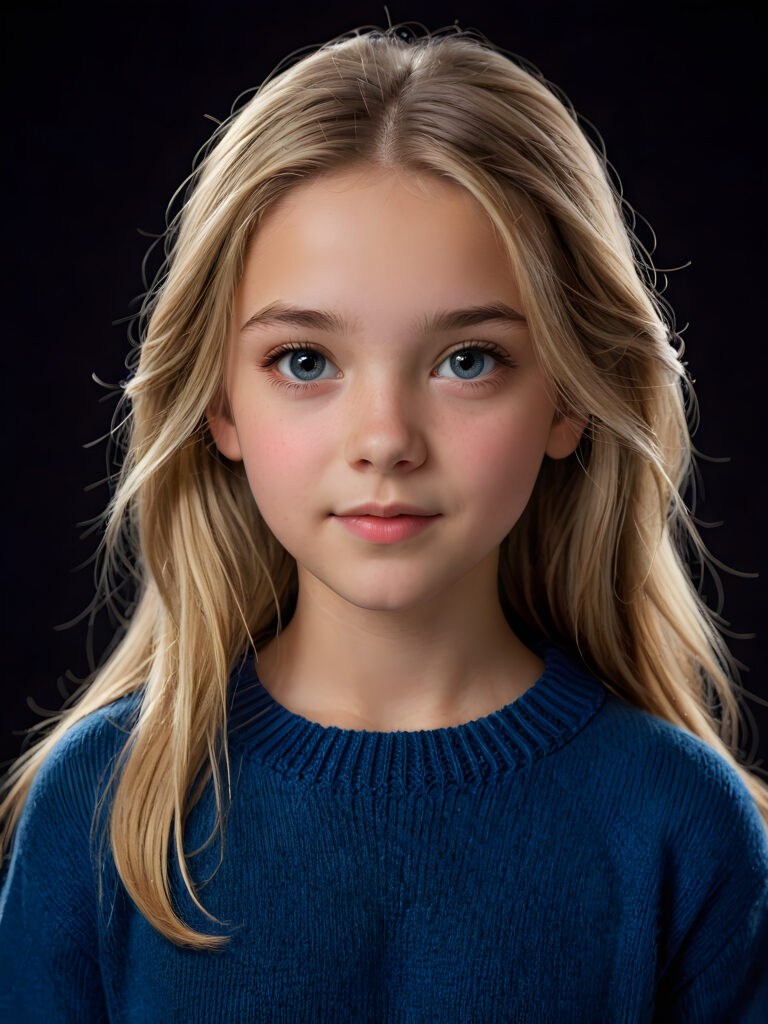 a realistic and detailed, dynamic photography of beautiful young ((teen girl, 13 years old)), with detailed straight soft blond hair, realistic and detailed eyes, looking into the camera, dynamic cinematic lights, perfect detailed round face, side view, wears a fine wool sweater in blue, ((upper body)), ((cute)), ((stunning)) ((dark background))