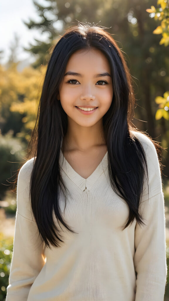 a realistic and detailed picture of my young Exotic daughter, 14 years old, in a plunge neck wool sweater, ((angelic round face)), ((soft long straight jet black hair)) in a (((carefree, happy expression))), surrounded by an air of exuberance and vivacity against a ((natural, sunny backdrop)) ((perfect light and shadows))