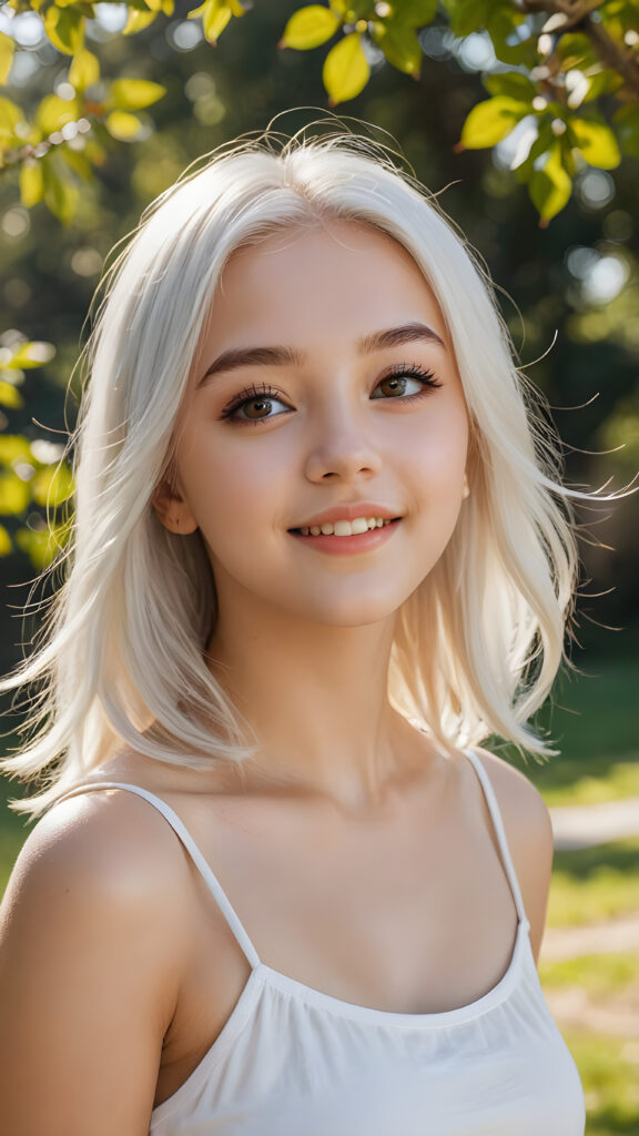 a realistic and detailed picture of my young daughter, 16 years old, short crop top, ((angelic round face, amber eyes)), ((soft long straight jet platinum white hair)), full lips, in a (((carefree, happy expression))), surrounded by an air of exuberance and vivacity against a ((natural, sunny backdrop)) ((perfect light and shadows))