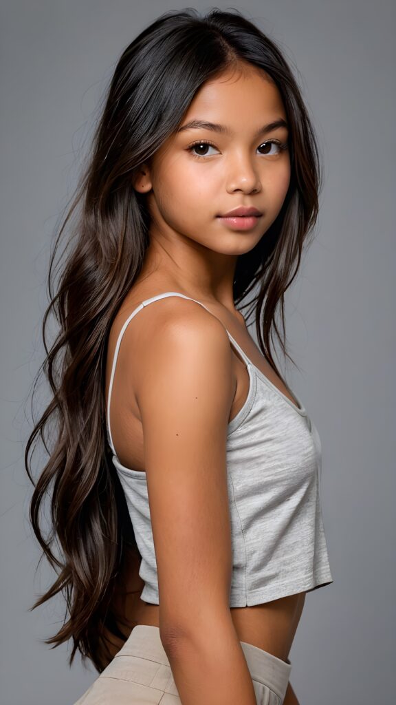 a realistic and detailed photo from a brown-skinned (((gorgeous stunning cute young perfectly curved Indigenous teen model girl, thin spaghetti cropped light-grey tank top))), 13 years old, with (((light brown-black very long soft jet hair, bangs))), featuring (((full lips))), and a (((small flawless round face))) ((grey background))