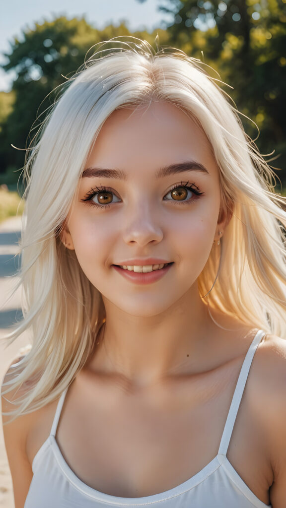 a realistic and detailed picture of my young daughter, 16 years old, short crop top, ((angelic round face, amber eyes)), ((soft long straight jet platinum white hair)), full lips, in a (((carefree, happy expression))), surrounded by an air of exuberance and vivacity against a ((natural, sunny backdrop)) ((perfect light and shadows))