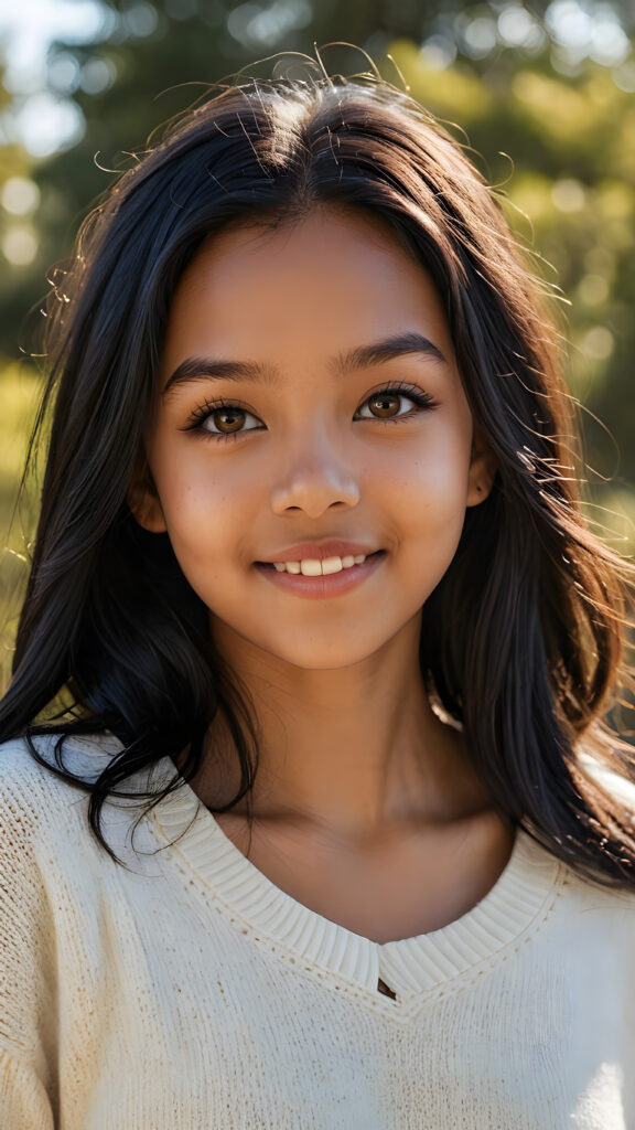 a realistic and detailed picture of my young brown-skinned Exotic daughter, 13 years old, in a plunge neck wool sweater, ((angelic round face, amber eyes)), ((soft long straight jet obsidian black hair)), full lips, in a (((carefree, happy expression))), surrounded by an air of exuberance and vivacity against a ((natural, sunny backdrop)) ((perfect light and shadows))