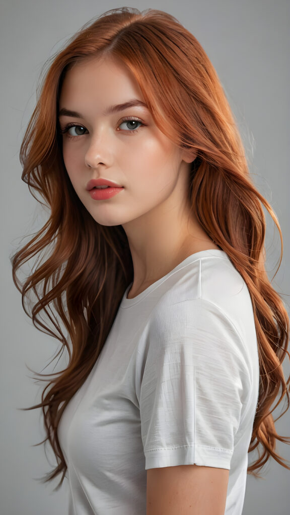 a realistic and detailed photo from a (((gorgeous stunning cute young perfectly curved teenage girl))), with (((light auburn-red very long soft jet hair))), featuring (((full lips))), and a (((small flawless round face))), wears a white thin short cropped spaghetti t-shirt, ((grey background)) ((full-body)) ((side view))