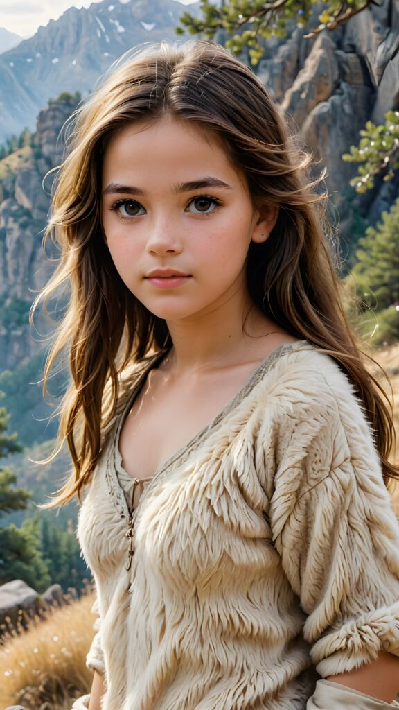 a realistic and detailed pencil drawing of a young teen girl, 16 years old, perfect curved fit body, from the period 20000 BC, straight messy long hair, wears thin clothes made of animal fur and skin ((stunning)) ((gorgeous)) ((natural backdrop))