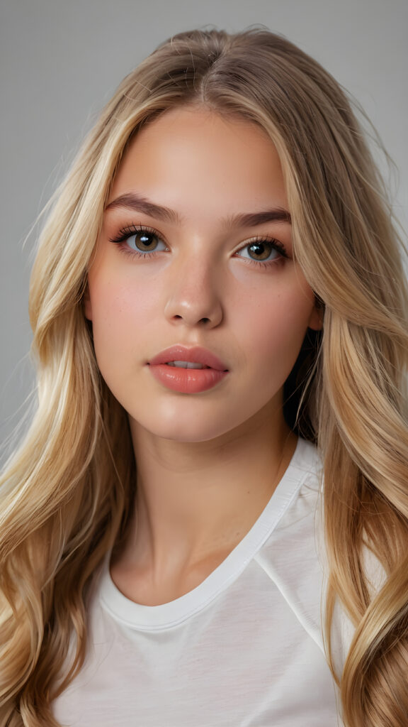 a realistic and detailed photo from a (((gorgeous stunning cute young perfectly curved american teenage girl))), with (((light brown-blonde very long soft jet hair))), featuring (((full lips))), and a (((small flawless round face))), wears a white thin short cropped t-shirt, ((grey background))